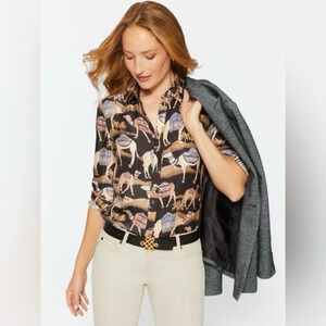 J. McLaughlin Darcey Silk Blend Button Front Blouse - Camel Print - Small - NWOT